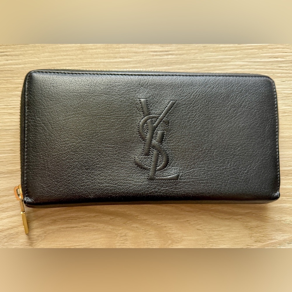 SAINT LAURENT YSL Cassandra Leather Logo Embossed Long Wallet-Black